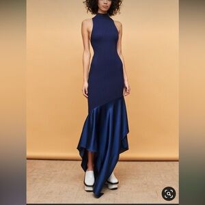 Blue satin and cotton mermaid asymmetrical dress